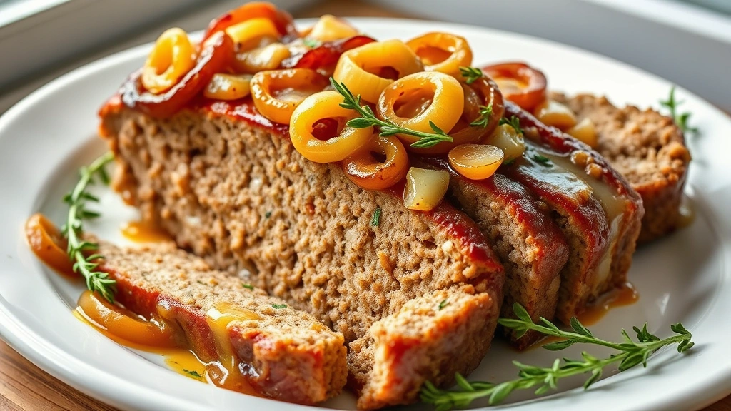 hero: sliced French onion meatloaf topped with caramelized onions and Gruyère cheese, golden brown glaze, plated on white dish, garnished with fresh thyme, photorealistic, natural window light, no text