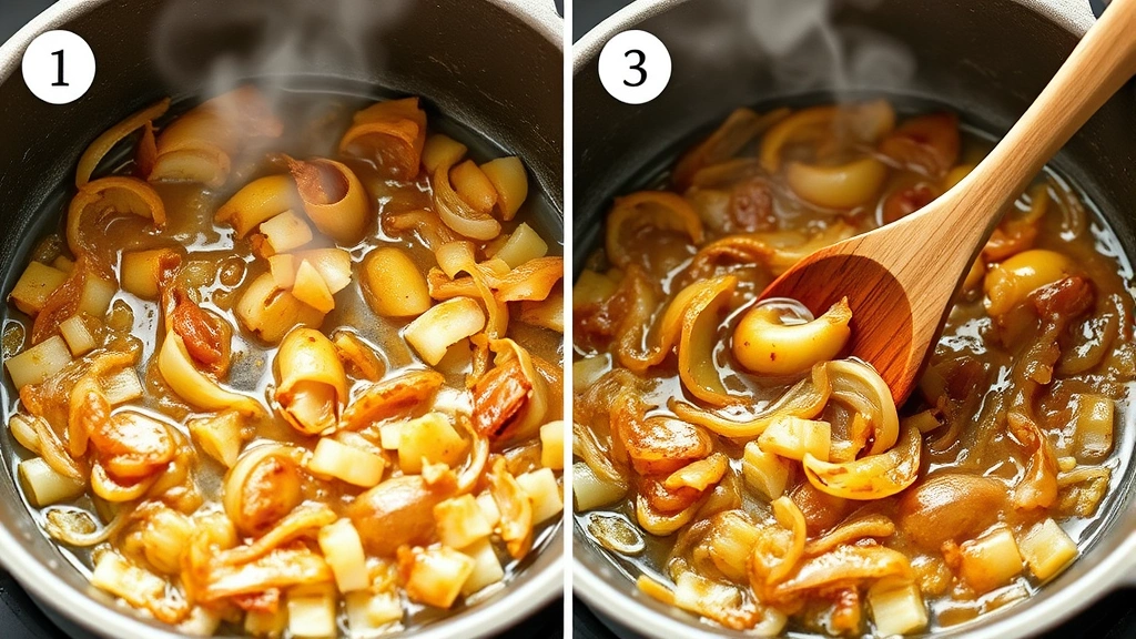 process: caramelizing onions in skillet, deep golden brown color, steam rising, wooden spoon stirring, photorealistic, natural light, no text