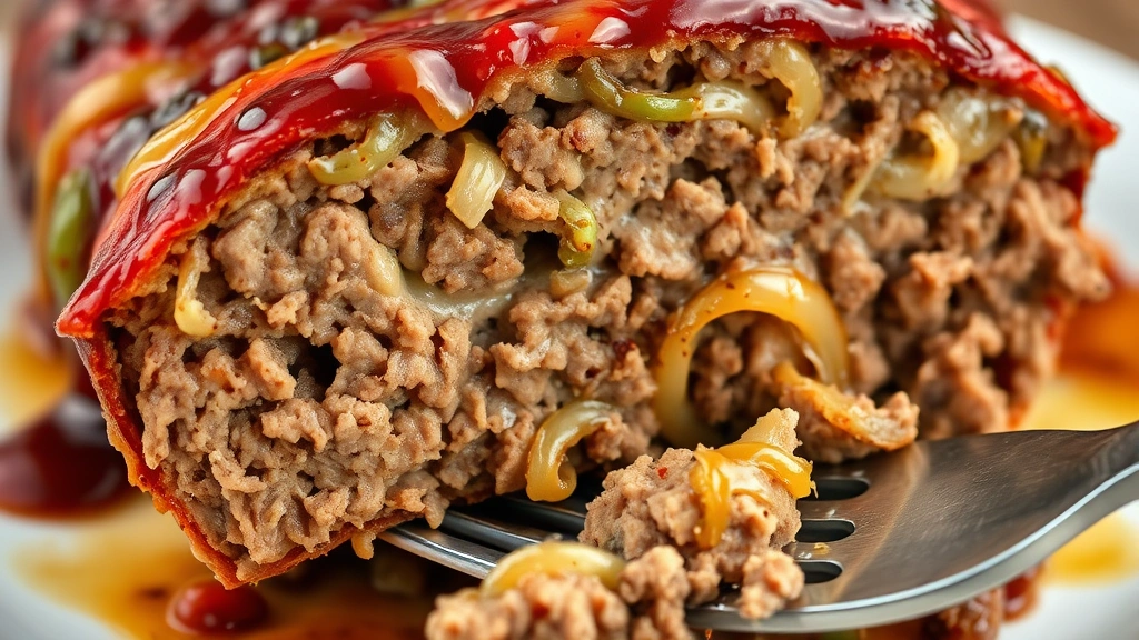 detail: close-up cross-section of sliced meatloaf showing caramelized onions throughout, melted cheese, glossy glaze, on fork, photorealistic, natural light, no text