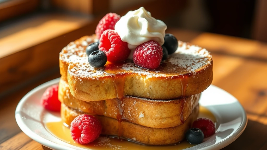 hero: Golden-brown brioche French toast stacked on white plate, dusted with powdered sugar, topped with fresh raspberries and blueberries, maple syrup drizzle, whipped cream dollop, warm natural window light, soft shadows, close enough to see texture
