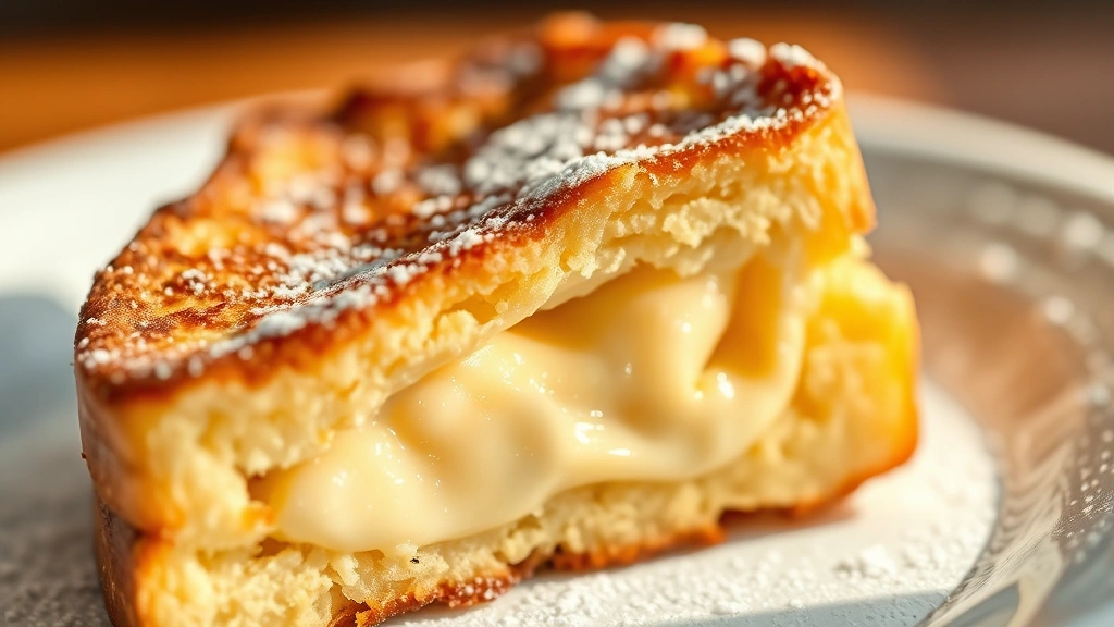 detail: Close-up macro shot of single French toast slice cross-section showing creamy custardy interior and crispy caramelized exterior, powdered sugar visible on top, morning sunlight creating warm glow, shallow depth of field