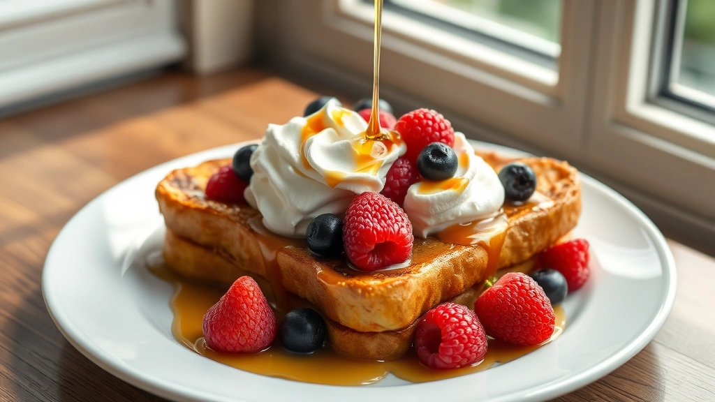 hero: single plate of golden-brown French toast topped with fresh berries, whipped cream, and maple syrup drizzle, photorealistic, natural window light from above, no text, elegant plating