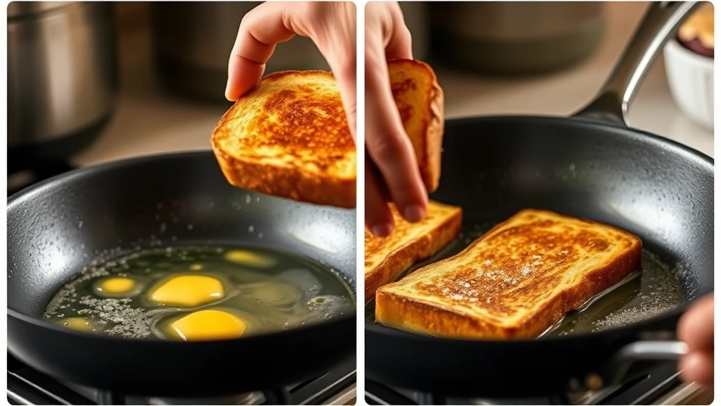 process: hand flipping French toast in buttered skillet with melted butter visible, photorealistic, warm kitchen lighting, no text, action shot