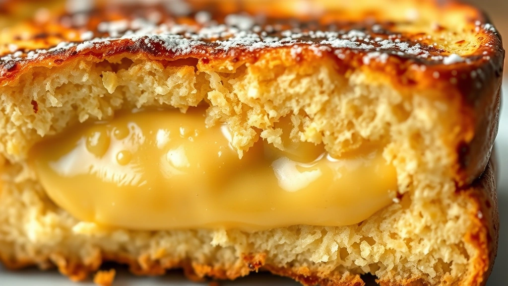 detail: close-up of French toast cross-section showing custardy interior and crispy caramelized edges, photorealistic, macro photography, natural light, no text