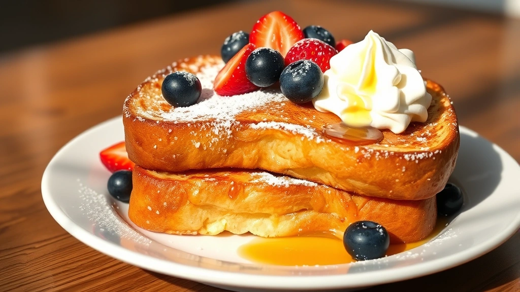 hero: Two golden-brown French toast slices stacked on white plate, topped with fresh strawberries and blueberries, dusted with powdered sugar, drizzle of maple syrup, whipped cream dollop, morning sunlight streaming from left, warm natural light, elegant presentation, no text