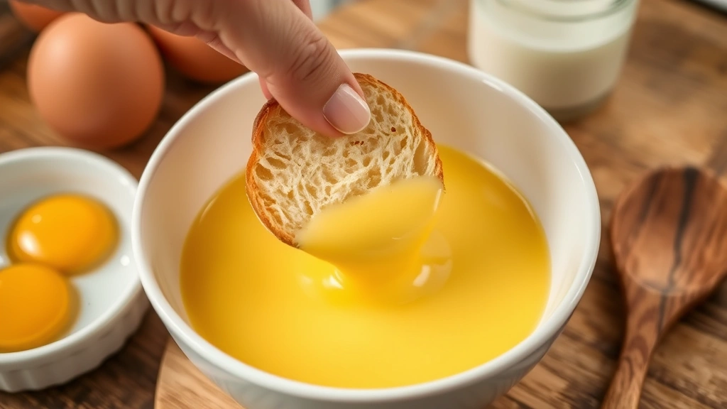 process: Hand dipping brioche bread slice into creamy egg custard mixture in shallow white bowl, eggs and milk visible, wooden spoon nearby, natural kitchen light, warm tones, no text