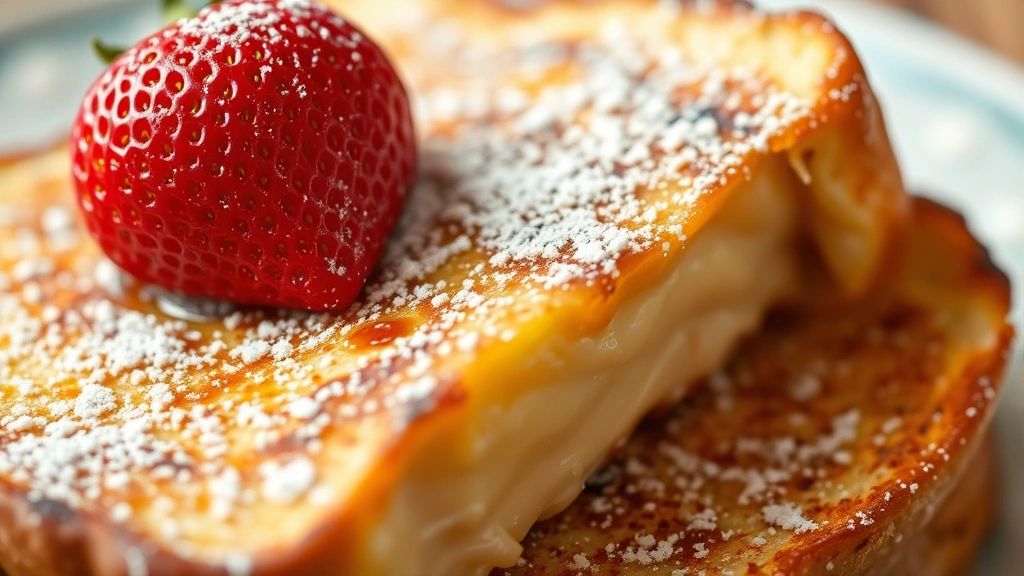 detail: Close-up of French toast surface showing golden-brown crispy exterior, creamy custardy interior texture, single strawberry on top, powdered sugar particles, shallow depth of field, warm golden lighting, no text