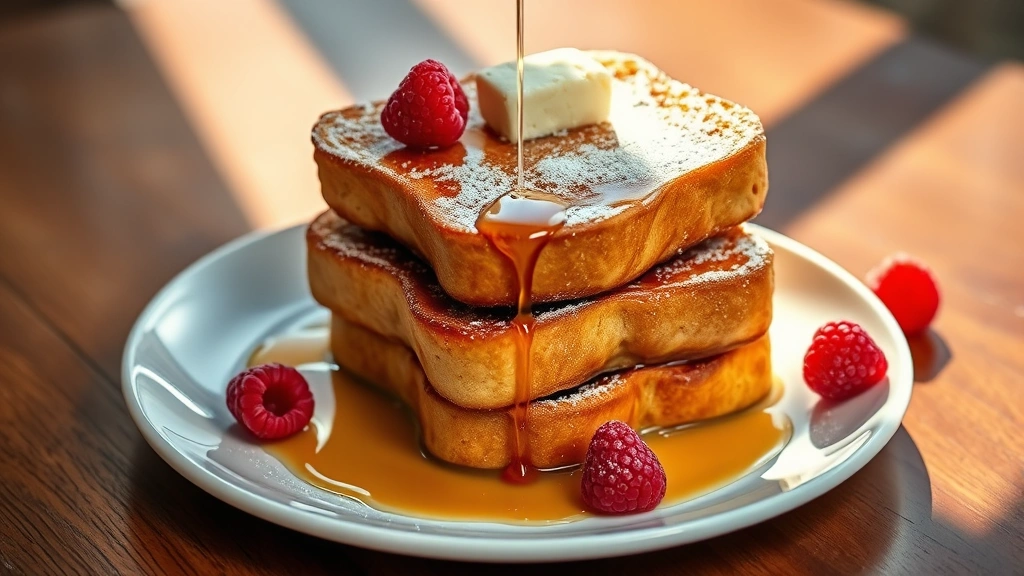 hero: golden-brown French toast stack on white plate with maple syrup drizzle, fresh raspberries, powdered sugar dust, butter pat on top, warm natural morning light streaming across, soft shadows, professional food photography styling, wooden table background