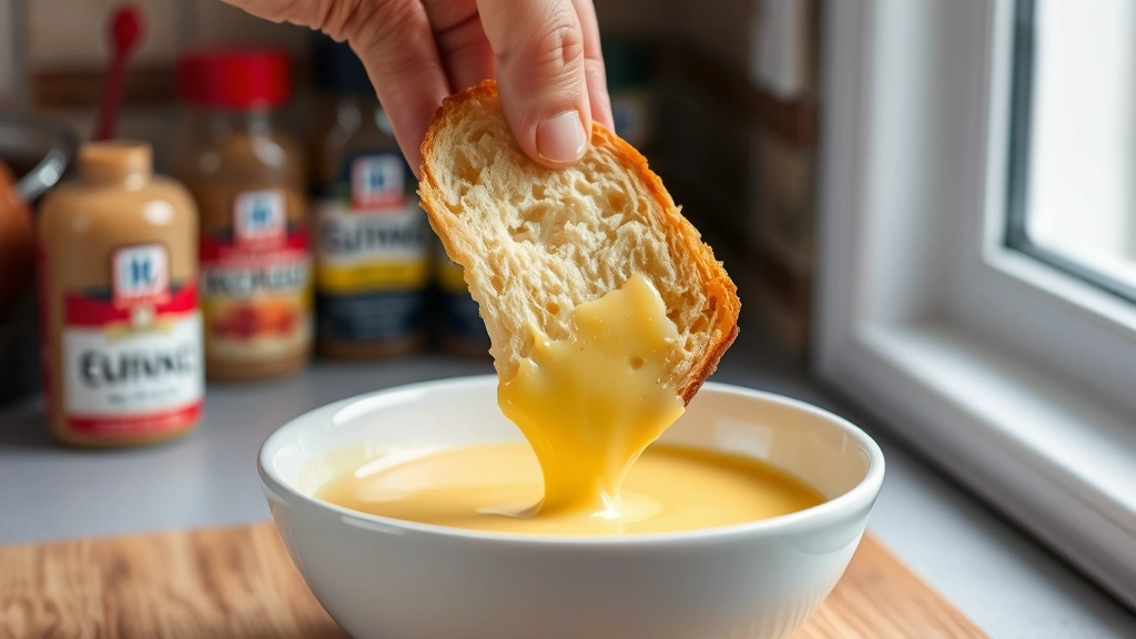 process: hand dipping thick brioche bread slice into golden custard mixture in shallow white bowl with McCormick spice containers visible, skilled kitchen technique, natural window light, focused on the dipping motion and custard coating