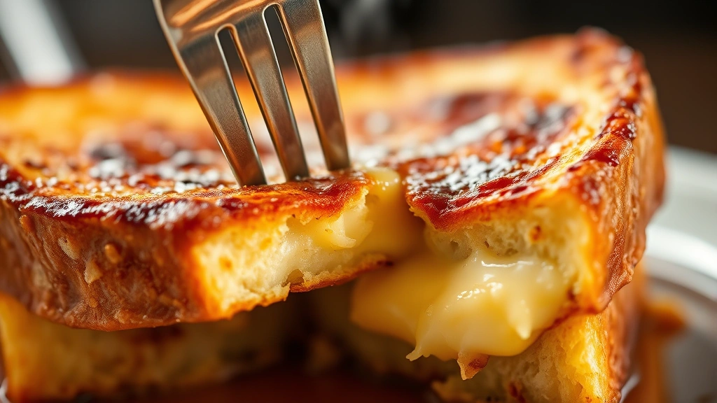 detail: close-up of perfectly cooked French toast cross-section showing crispy caramelized exterior and creamy custardy interior, steam rising, golden color, shallow depth of field, fork cutting through, warm professional lighting