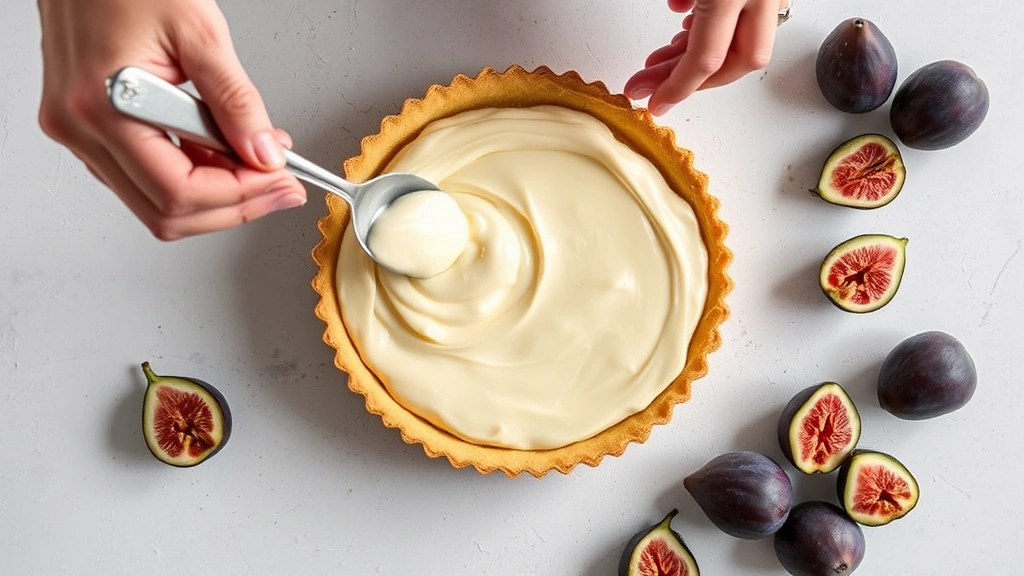 process: hands spooning thick pastry cream into prebaked tart shell, fresh figs arranged nearby, overhead shot, natural daylight, photorealistic, no text