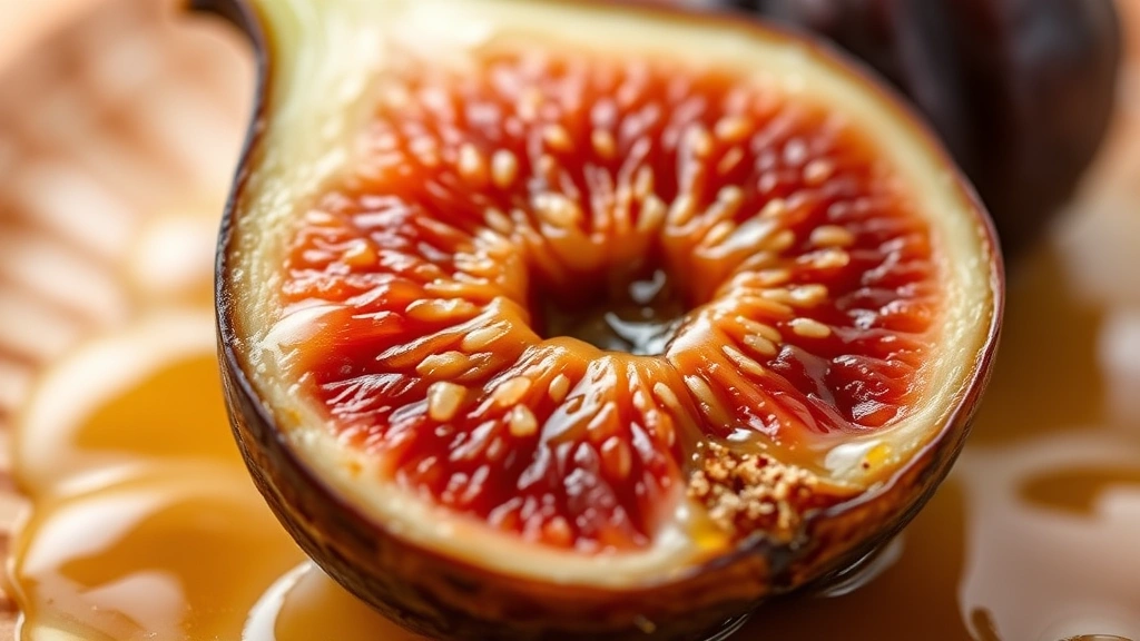 detail: close-up of sliced fresh fig showing interior texture with pastry cream below, honey glaze glistening, shallow depth of field, natural light, photorealistic, no text