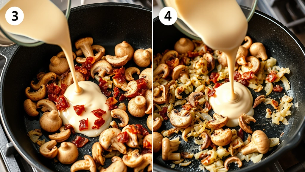 process: sautéed mushrooms and onions in cast iron skillet with bacon bits, cream sauce being poured in, photorealistic cooking scene, natural kitchen lighting
