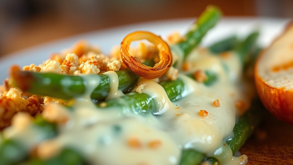 detail: close-up macro shot of fresh green bean with creamy sauce, melted cheese, crispy breadcrumb topping, single fried onion in focus, shallow depth of field, warm backlighting