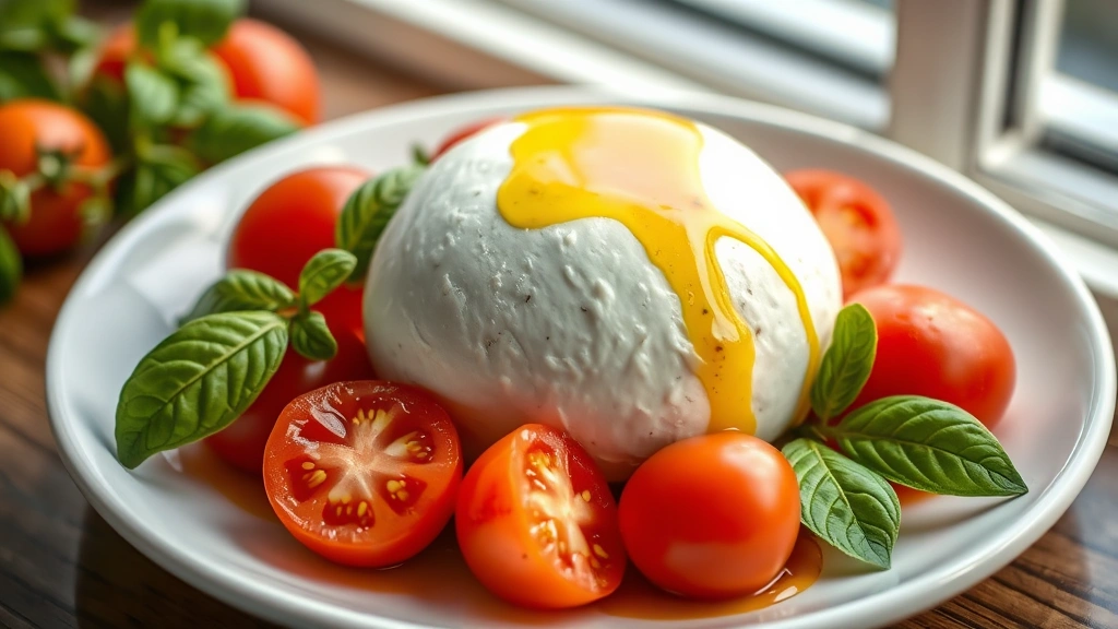 hero: fresh mozzarella ball on white plate with ripe tomatoes and basil leaves, drizzled with olive oil, photorealistic, natural window light, no text