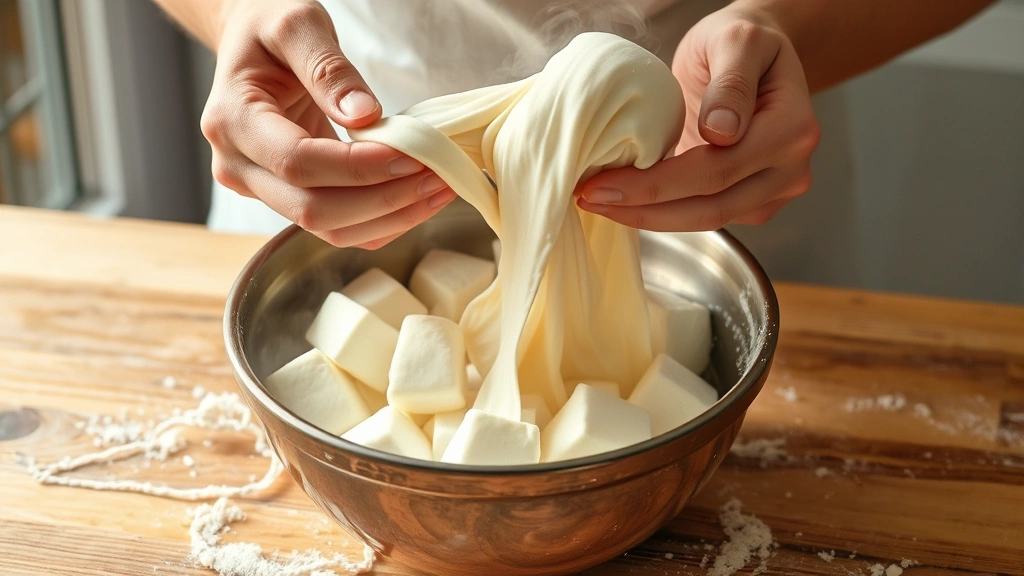 process: hands stretching hot mozzarella curds in bowl, steam rising, photorealistic, warm natural light, no text