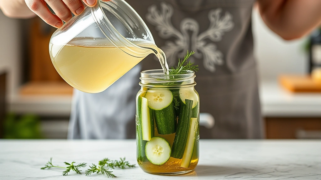 process: hands pouring hot clear brine from small saucepan into glass jar packed with cucumber spears and fresh dill, steam visible, kitchen counter setting, photorealistic, natural light, no text