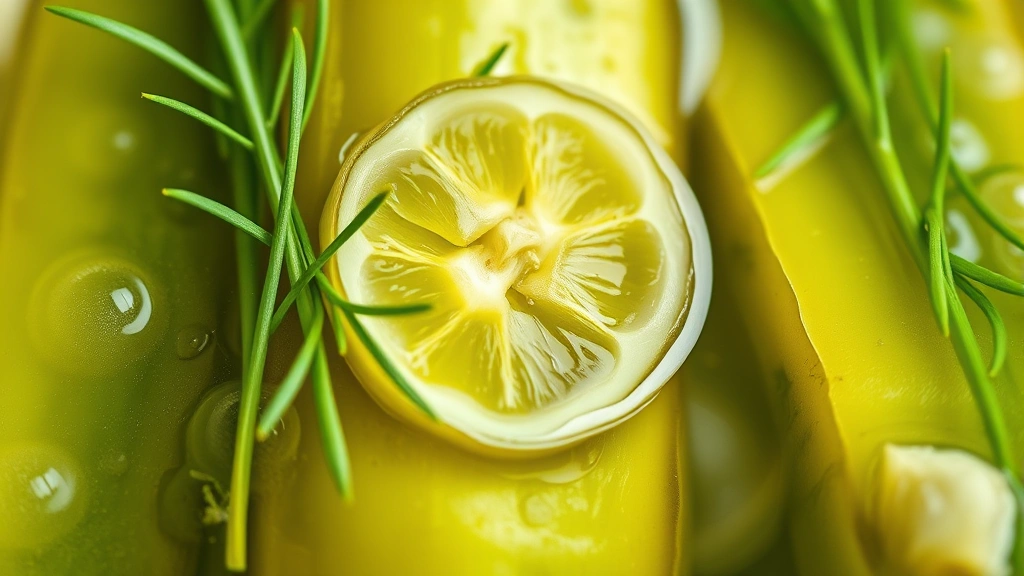 detail: close-up macro shot of single pickle spear with garlic slice and dill fronds in clear brine, bubbles visible, shallow depth of field, photorealistic, bright natural light, no text