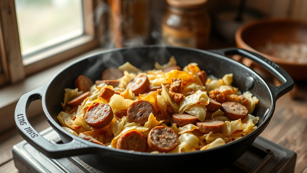 hero: fried cabbage and sausage in a cast iron skillet, golden-brown sausage slices mixed with tender caramelized cabbage, steam rising, rustic farmhouse setting, natural window light, shallow depth of field, appetizing and homey, photorealistic, no text