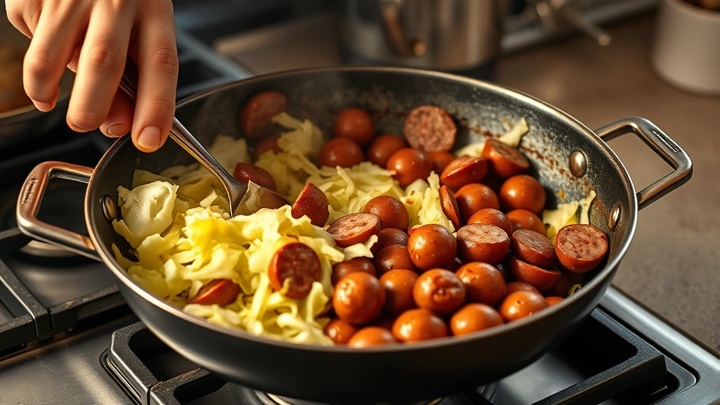 process: hands stirring cabbage and sausage in a large skillet over stovetop, showing the searing and cooking action, steam visible, warm kitchen lighting, photorealistic, natural light, no text