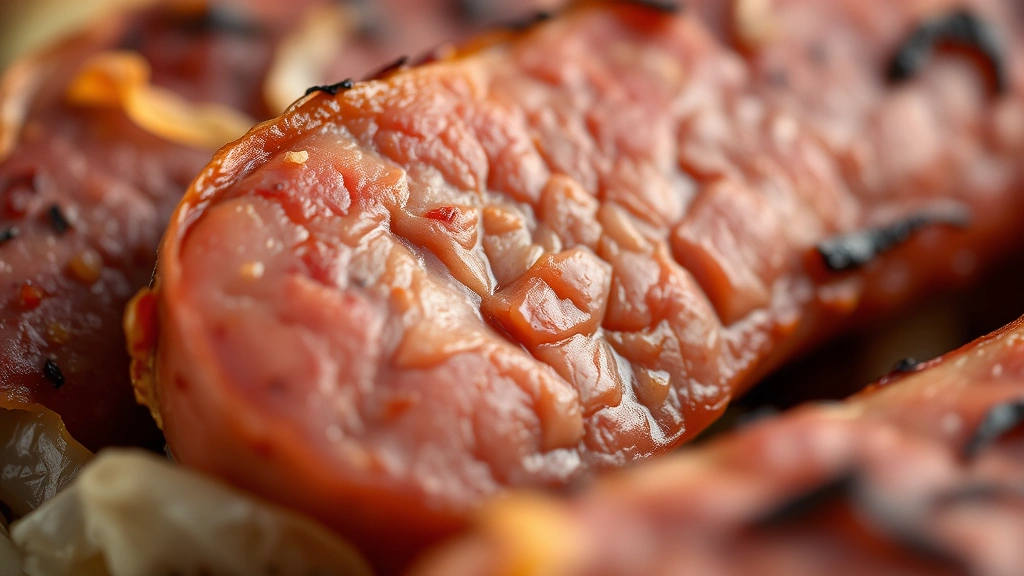 detail: close-up macro shot of browned sausage slice with caramelized cabbage edges, showing texture and color detail, shallow focus, golden hour lighting, photorealistic, no text
