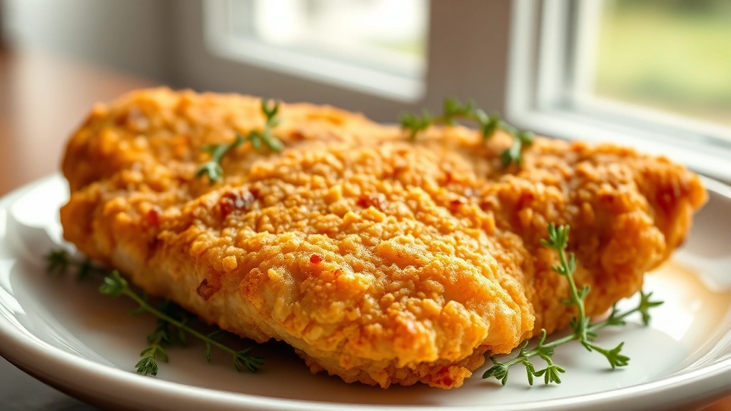hero: golden-brown crispy fried chicken breast on white plate with fresh thyme garnish, perfectly lit natural window light, no text, appetizing close-up