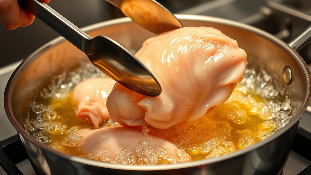 process: chicken being carefully lowered into bubbling hot oil with tongs, golden sizzle visible, professional kitchen lighting, no text