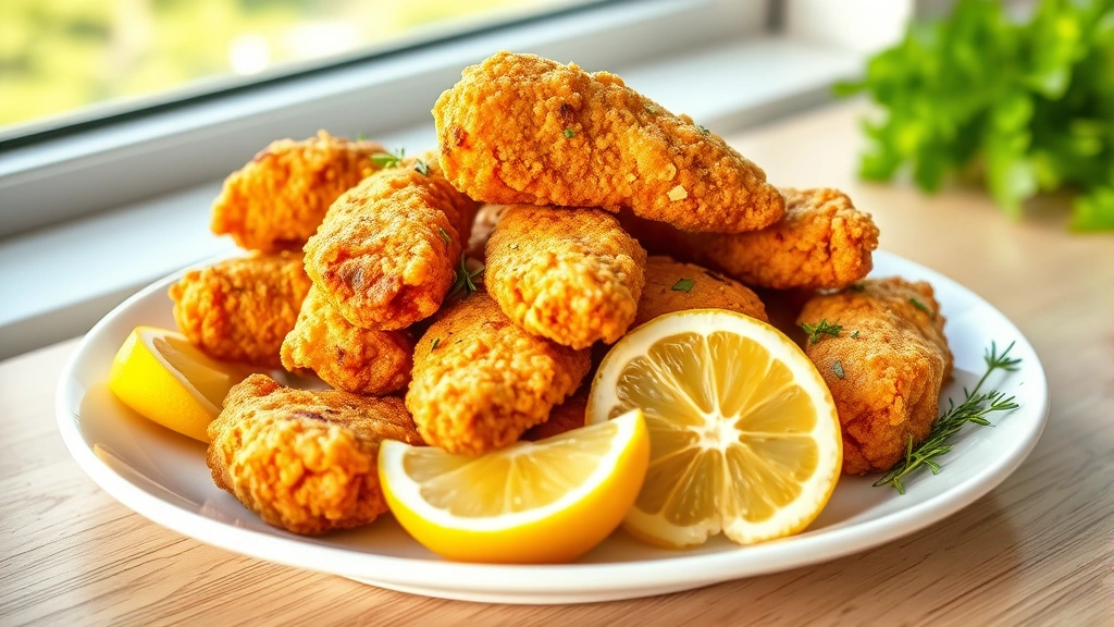 hero: golden crispy fried chicken fingers piled on white plate with fresh lemon wedges and fresh herbs, photorealistic, bright natural window light, no text