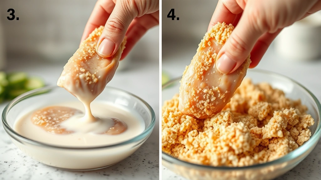 process: hand dipping raw chicken strip in buttermilk then into panko breadcrumbs, photorealistic, bright kitchen lighting, shallow depth of field, no text