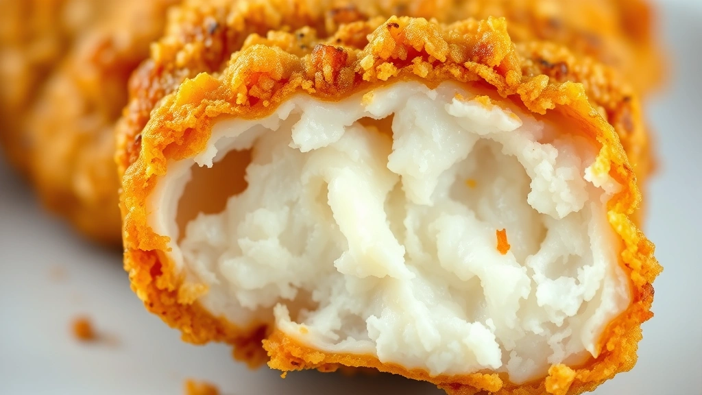 detail: close-up cross-section of cooked fried chicken finger showing crispy golden exterior and tender juicy white interior, photorealistic, natural light, no text