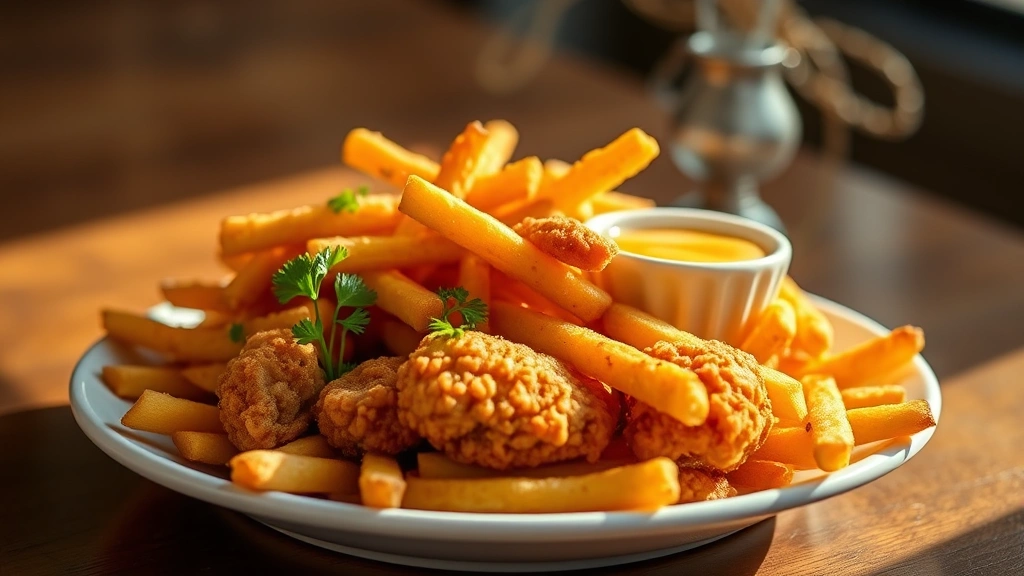 hero: golden crispy fried chicken fries piled high on a white ceramic plate, garnished with fresh parsley, small bowl of honey mustard sauce visible, natural daylight streaming across plate, shallow depth of field, appetizing steam visible