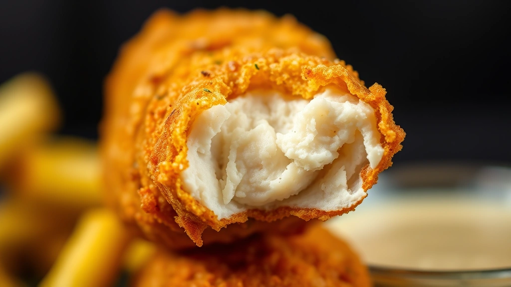 detail: close-up macro shot of single fried chicken fry showing crispy golden-brown breaded exterior with visible herb flecks, cross-section showing juicy white chicken interior, bokeh background with blurred sauce, professional food photography lighting