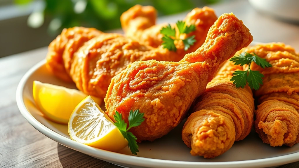 hero: plate of golden crispy fried chicken legs with fresh lemon wedges and parsley garnish, photorealistic, natural daylight streaming from left, shallow depth of field, appetizing golden-brown crust, no text or watermarks