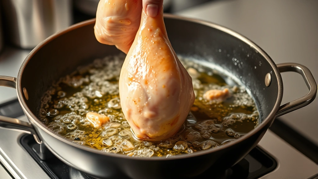 process: chicken legs being carefully lowered into bubbling hot oil in a heavy skillet, oil shimmering and steaming, golden coating visible, professional kitchen lighting, no text or watermarks