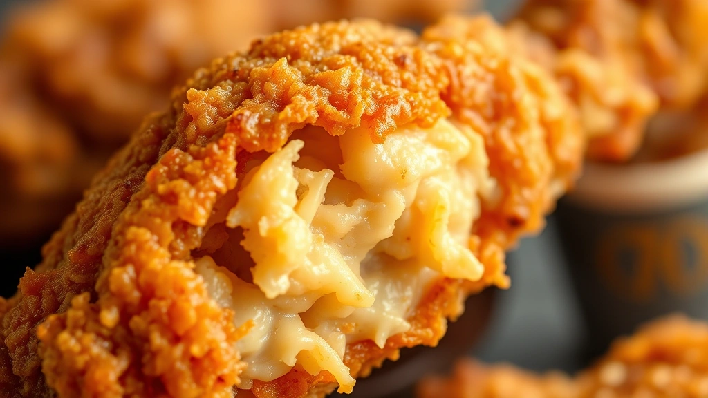 detail: extreme close-up of perfectly crispy fried chicken leg showing golden-brown coating texture and juicy interior, natural light, shallow depth of field, appetizing details, no text or watermarks