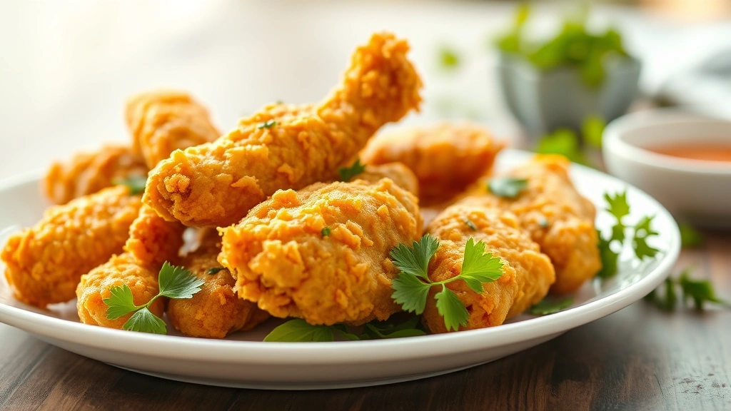 hero: golden crispy fried chicken pieces on white plate with fresh herbs, photorealistic, natural daylight from left, shallow depth of field, food styling, no text