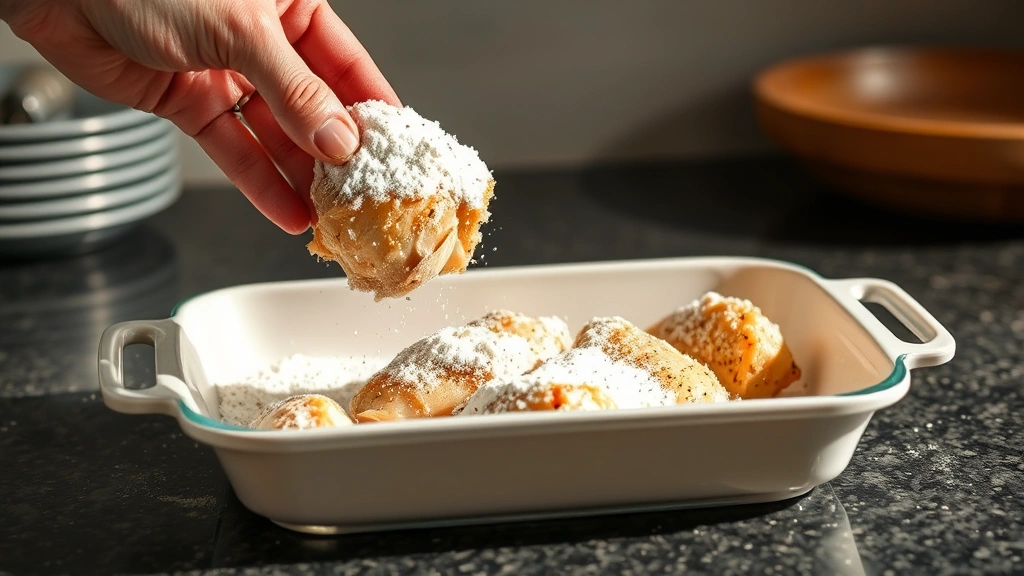 process: hand dredging marinated chicken in seasoned flour over shallow dish, photorealistic, bright natural light, kitchen counter setting, no text