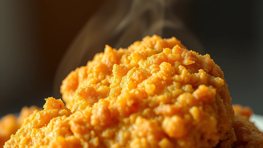 detail: extreme close-up of crispy golden fried chicken coating texture, steam rising, photorealistic, warm natural light, shallow depth of field, no text