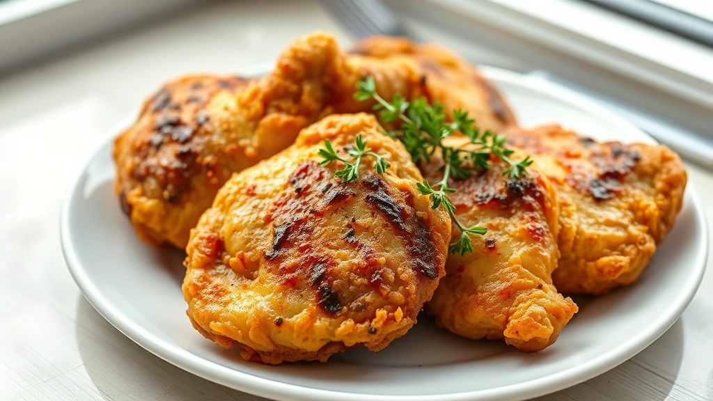 hero: golden-brown fried chicken thighs on white plate with fresh thyme garnish, photorealistic, natural window light, shallow depth of field, no text