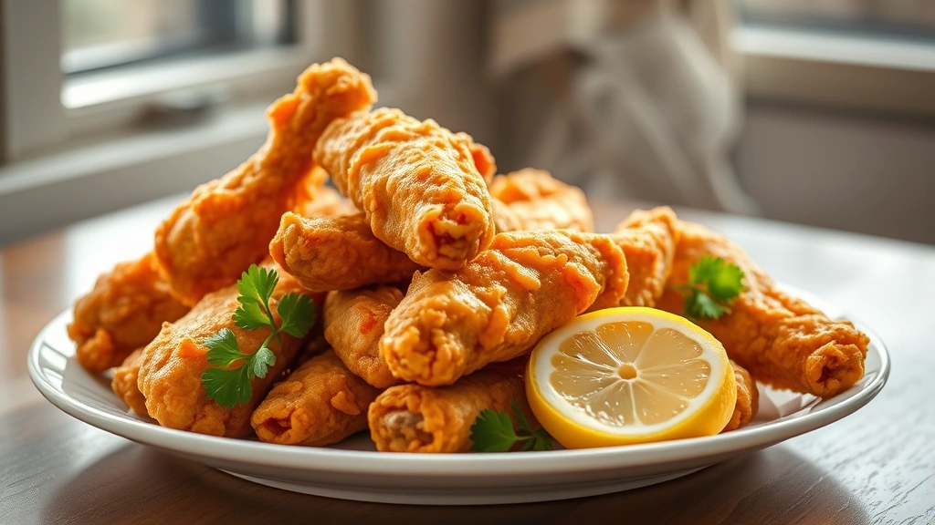 hero: golden crispy fried chicken wings piled on white plate with lemon wedges and fresh parsley, steam rising, natural window light, shallow depth of field, photorealistic, no text