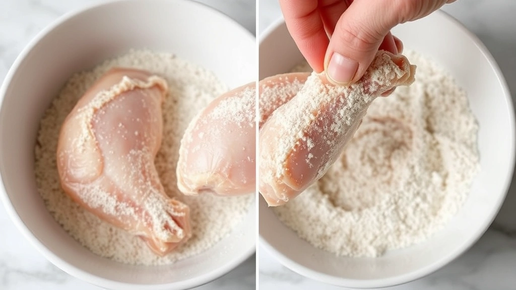 process: hand dredging raw chicken wing in seasoned flour mixture in white bowl, flour dust visible, natural light from above, photorealistic, no text
