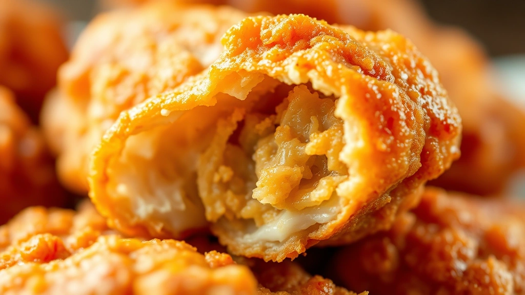 detail: close-up of single perfectly fried golden chicken wing showing crispy exterior texture, cross-section with juicy interior visible, natural light, photorealistic, no text