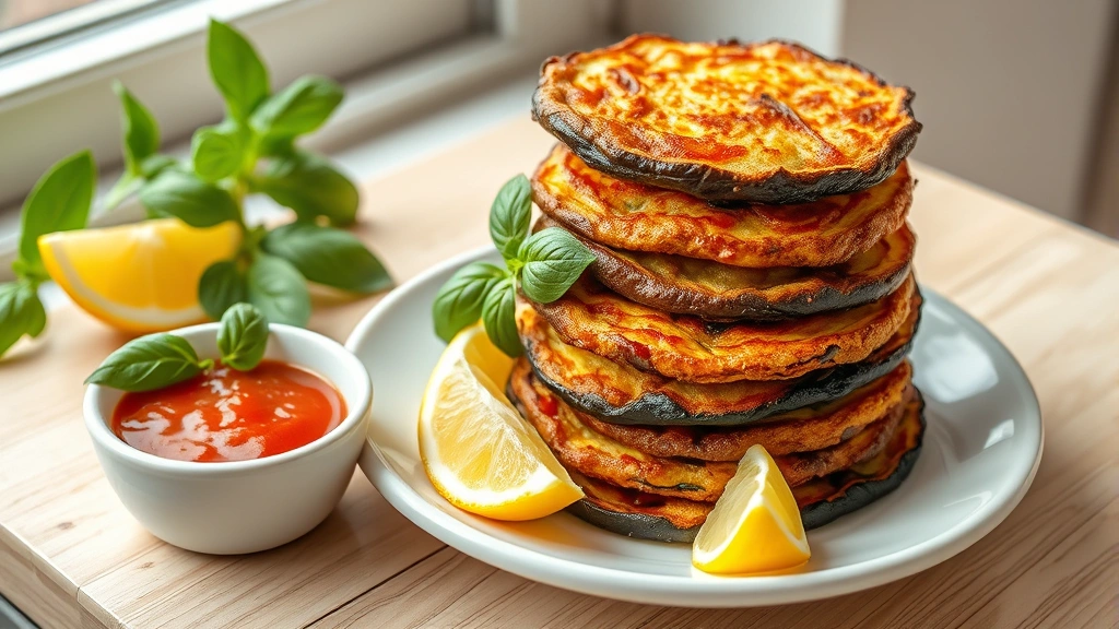 hero: perfectly golden crispy fried eggplant rounds stacked on a white ceramic plate with fresh basil leaves and lemon wedges, marinara sauce in a small white bowl nearby, soft natural window light, no text