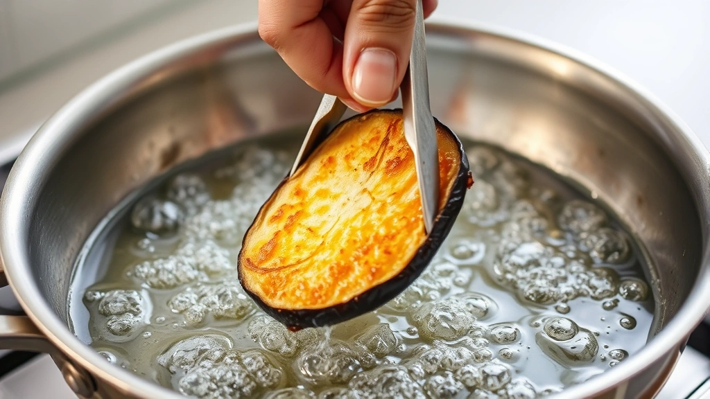 process: hand holding golden fried eggplant slice with tongs above hot bubbling oil in a stainless steel skillet, oil at perfect frying temperature showing movement, natural diffused light