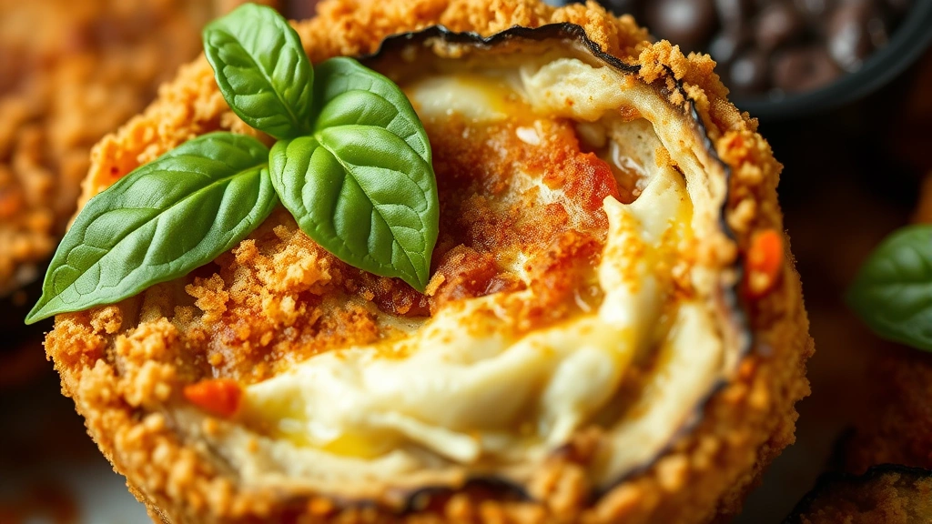 detail: close-up cross-section of single fried eggplant round showing crispy golden breadcrumb coating and tender creamy interior, garnished with fresh basil leaf, shallow depth of field, natural daylight