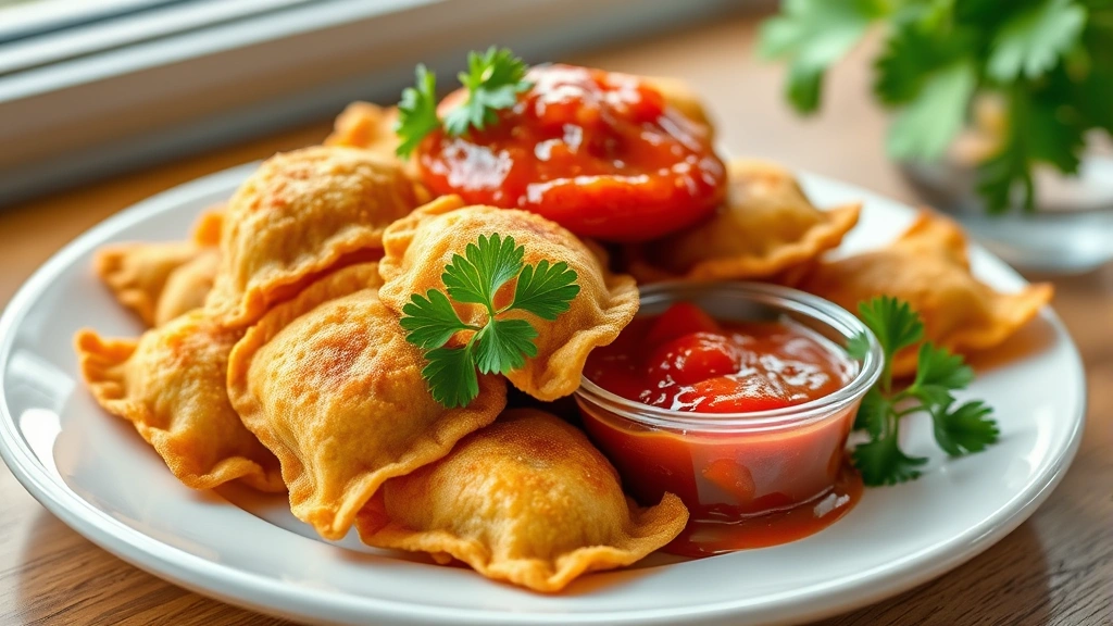 hero: golden-brown fried ravioli piled on a white plate with marinara sauce for dipping, fresh parsley garnish, warm natural window light, shallow depth of field, no text
