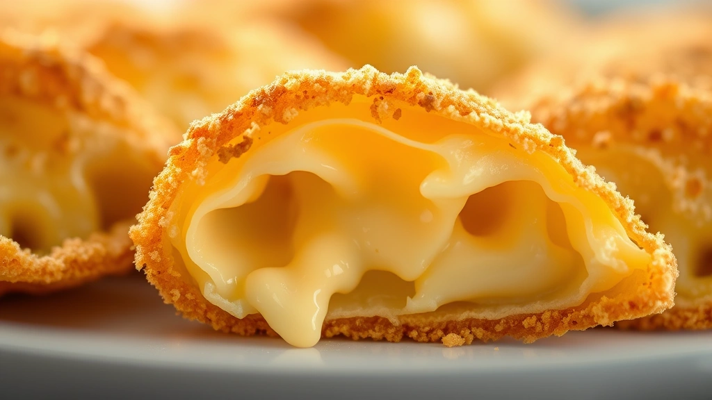 detail: close-up cross-section of single fried ravioli showing crispy panko crust and creamy cheese filling inside, warm golden lighting, macro photography, no text