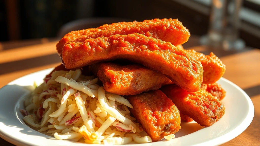 hero: golden crispy fried ribs piled on white plate with coleslaw, photorealistic, natural sunlight streaming from left, no text, appetizing steam visible
