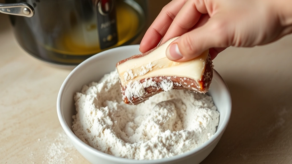 process: hand dredging rib bone in flour mixture in shallow white bowl, oil bubbling in background pot, photorealistic, natural kitchen lighting, no text