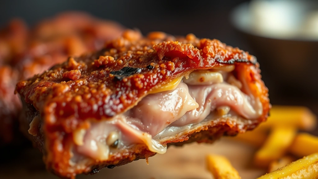 detail: close-up of single fried rib showing crispy golden coating and tender meat, photorealistic, shallow depth of field, natural light, no text